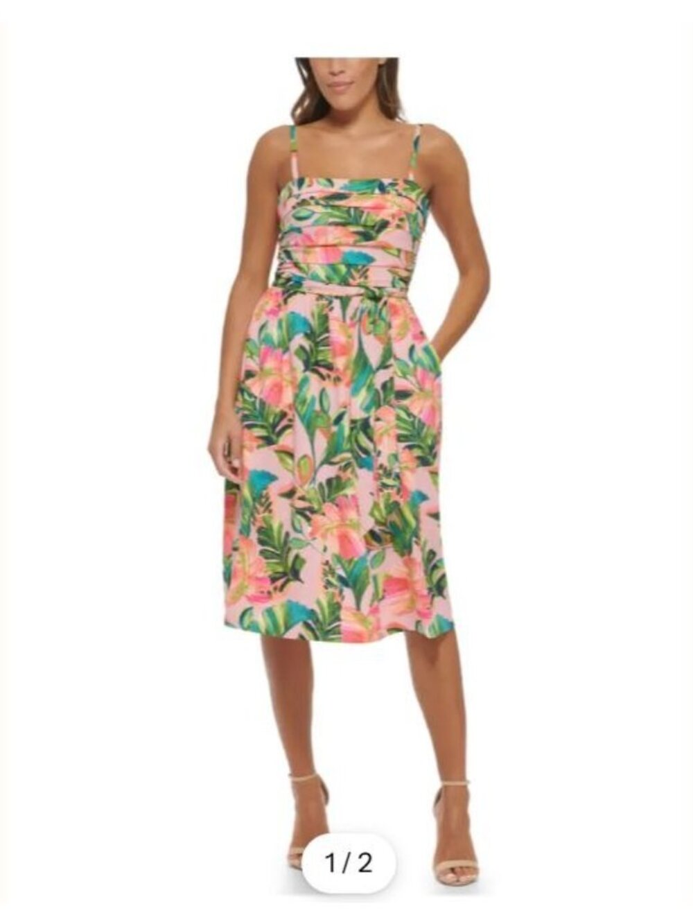 Kensie Floral Pleated Midi Dress Pink Green A-Line Size 4 NWT Summer Boho - Picture 3 of 16
